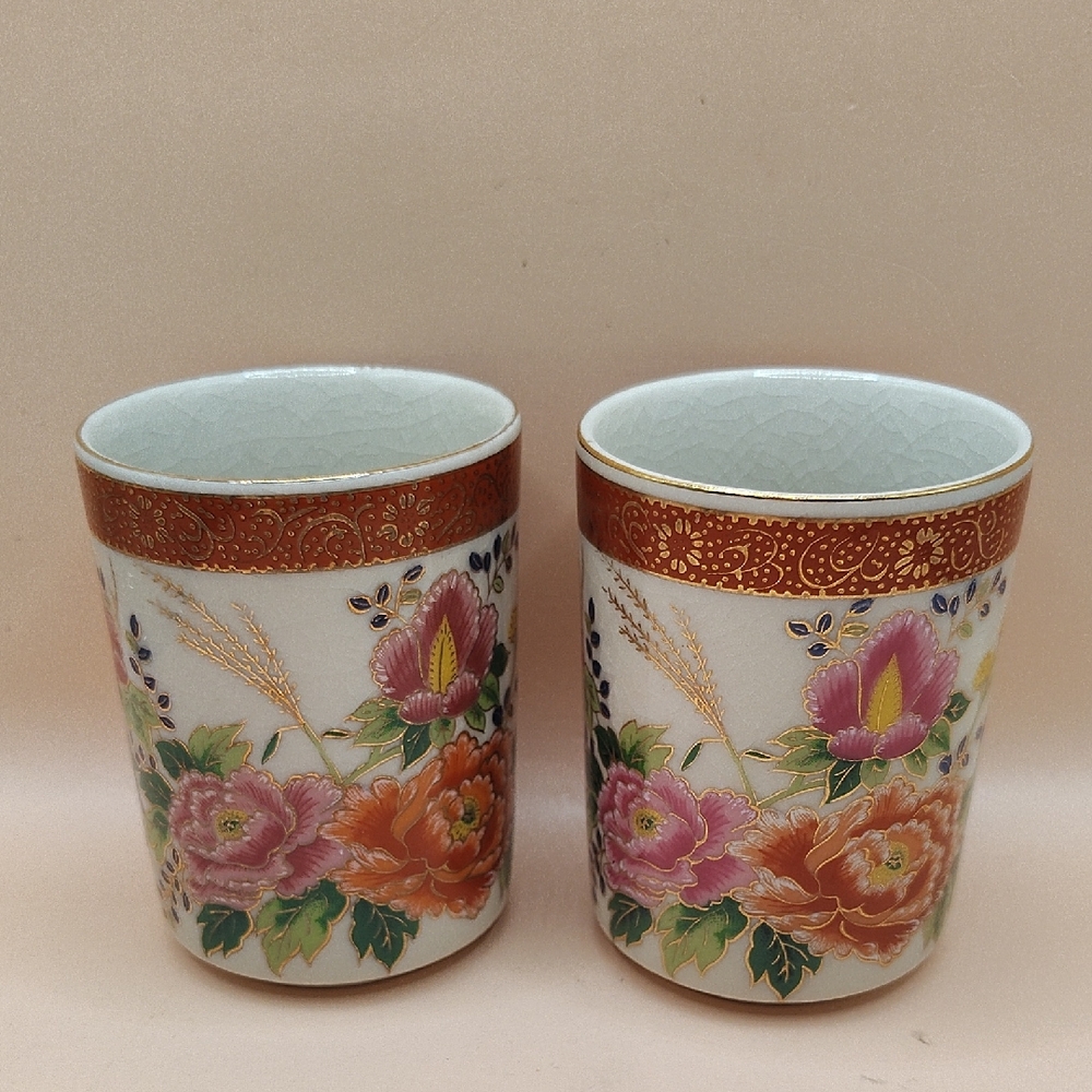 Antique Japanese Satsuma Handleless Teacups, Set Of 2